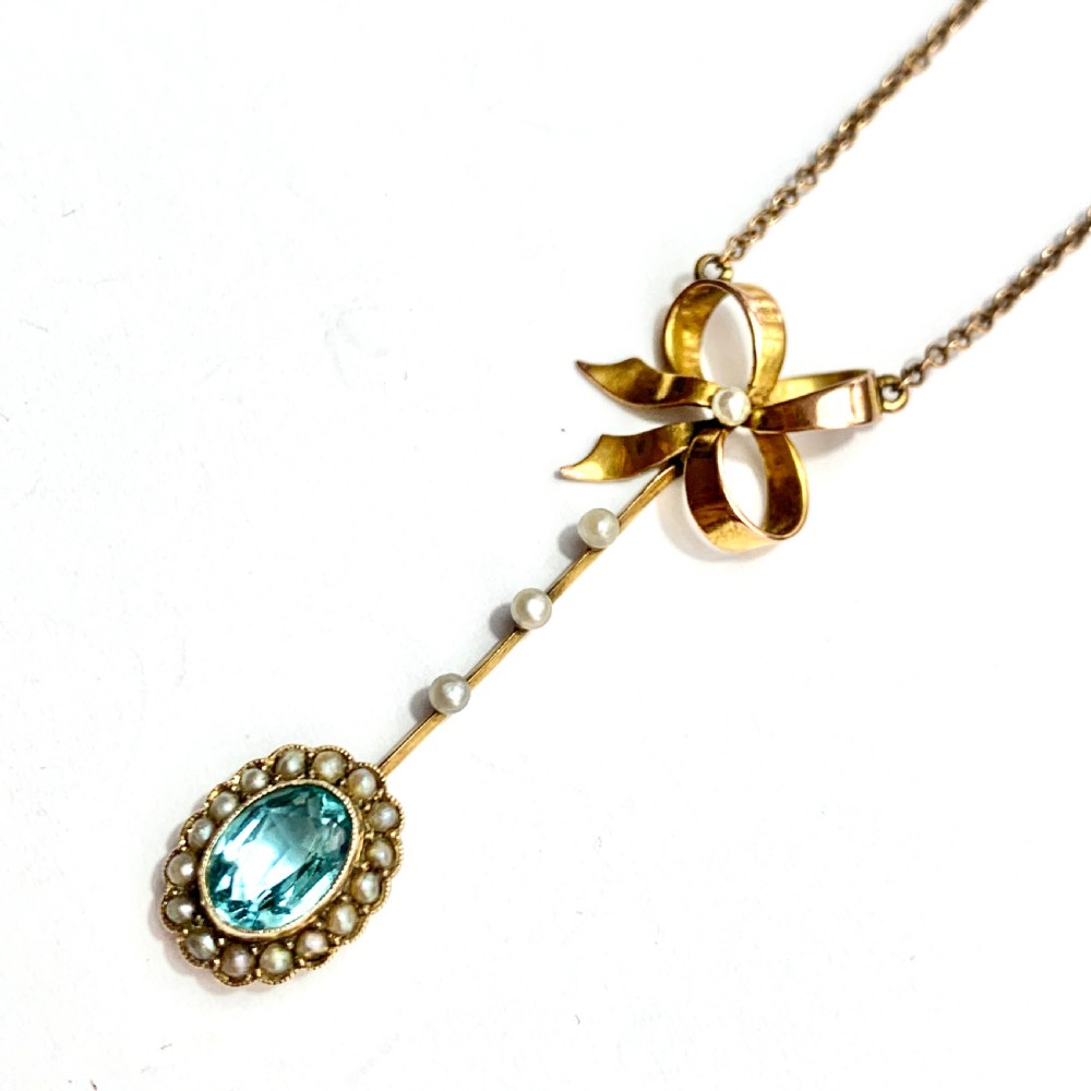 Edwardian 9CT Gold Paste Aquamarine Seed Pearl Necklace View VII