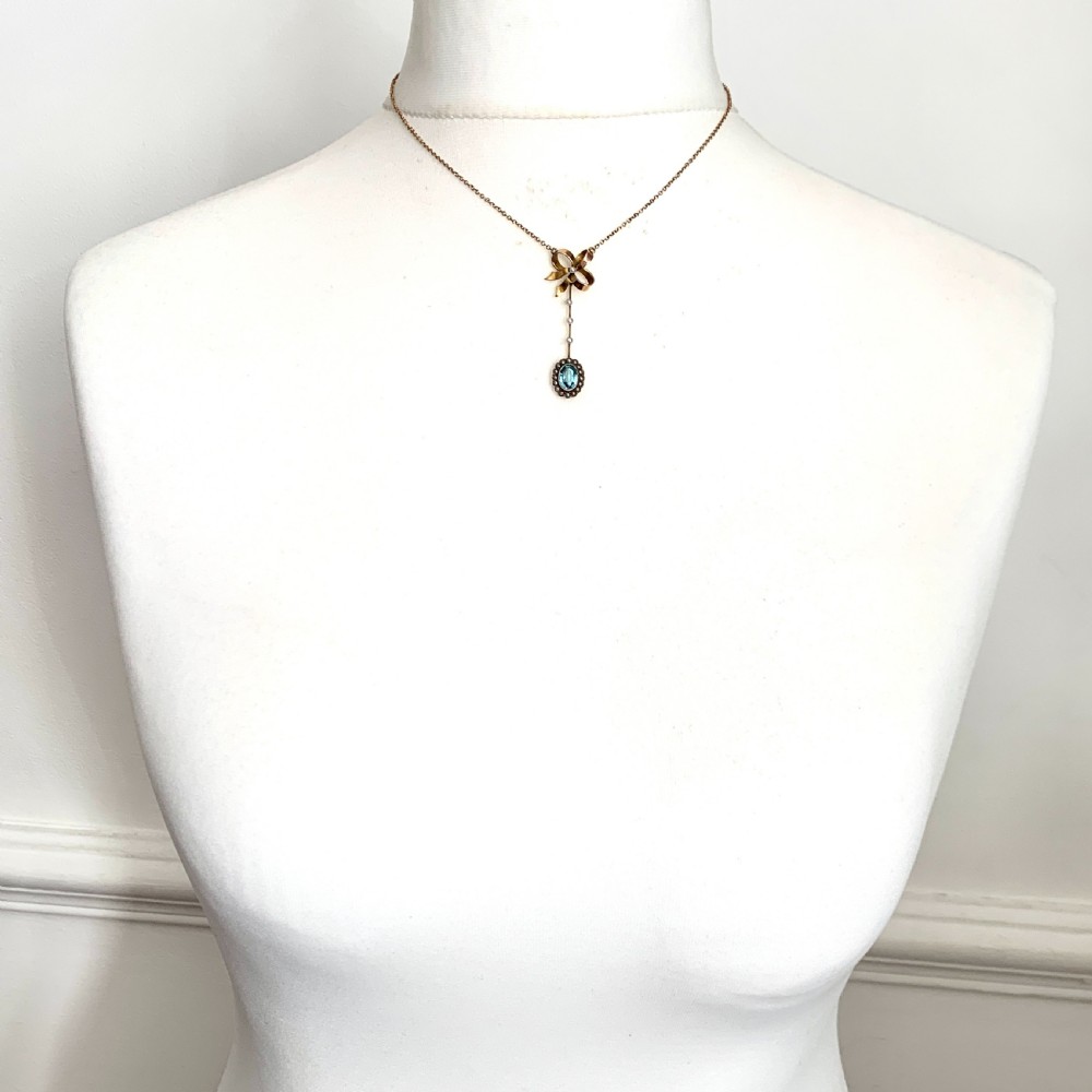 Edwardian 9CT Gold Paste Aquamarine Seed Pearl Necklace View IX