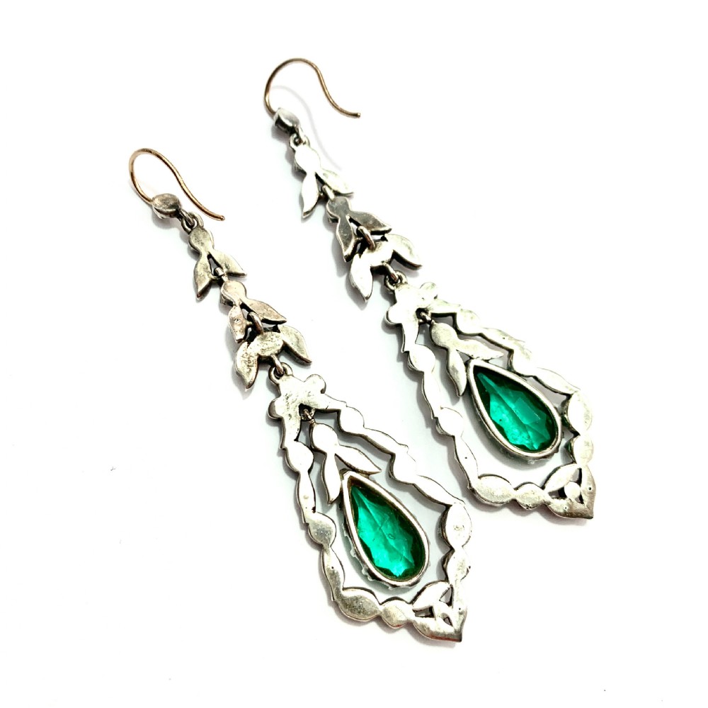 Antique Gold and Silver Emerald Paste Chandelier Earrings View V