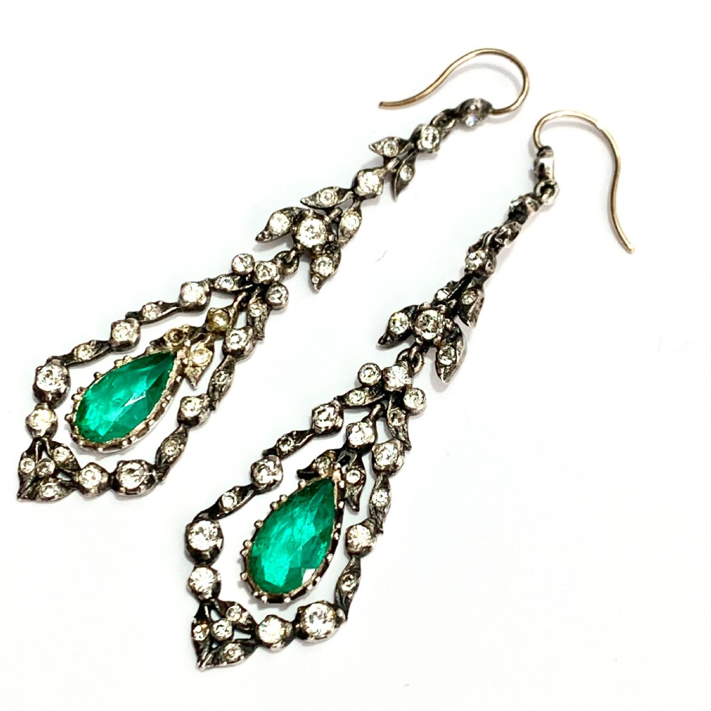 Antique Gold and Silver Emerald Paste Chandelier Earrings View VI