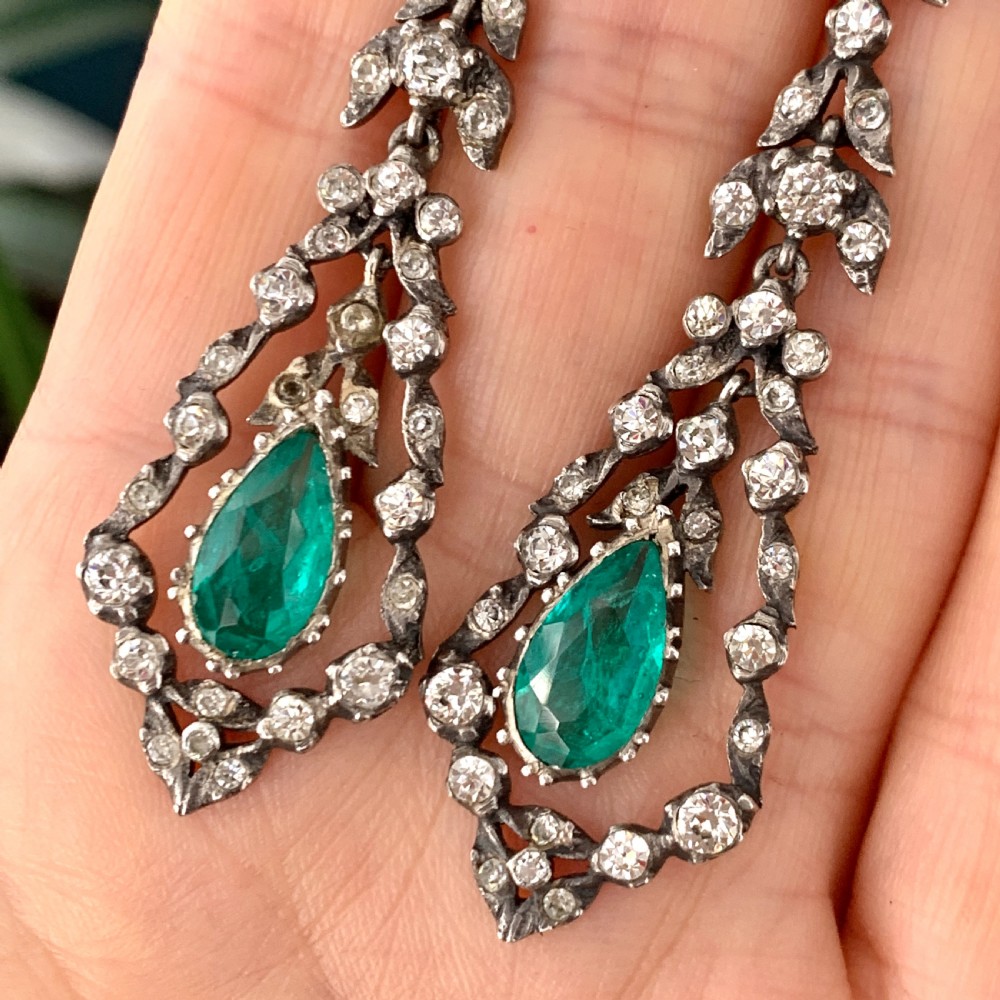 Antique Gold and Silver Emerald Paste Chandelier Earrings View VII