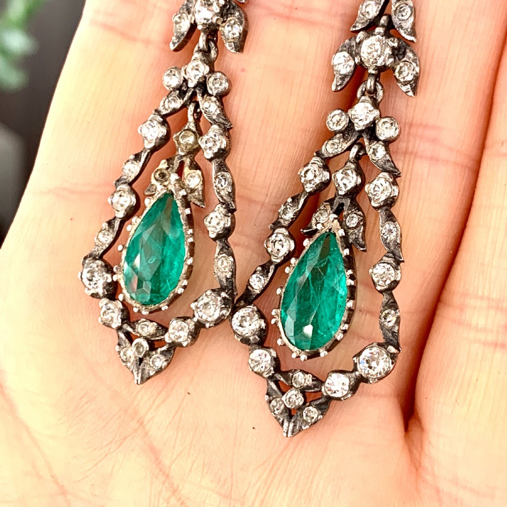 Antique Gold and Silver Emerald Paste Chandelier Earrings View VIII