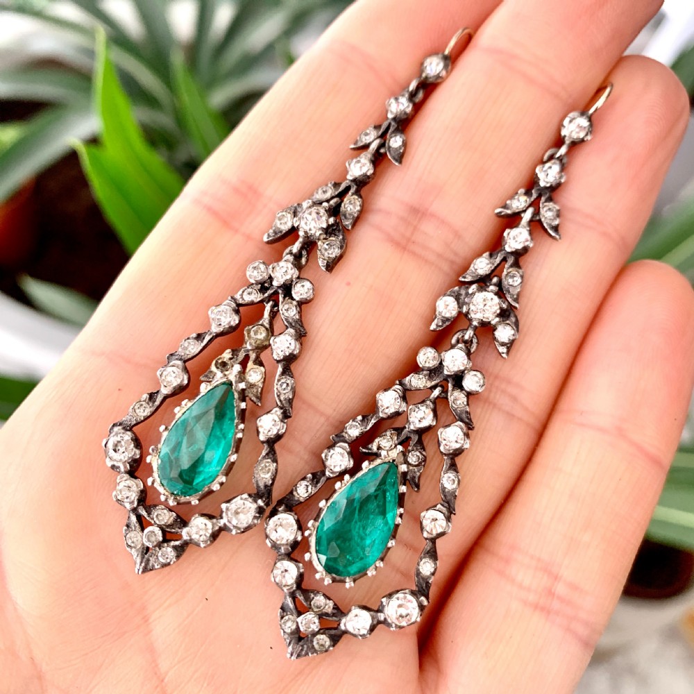 Antique Gold and Silver Emerald Paste Chandelier Earrings View IX