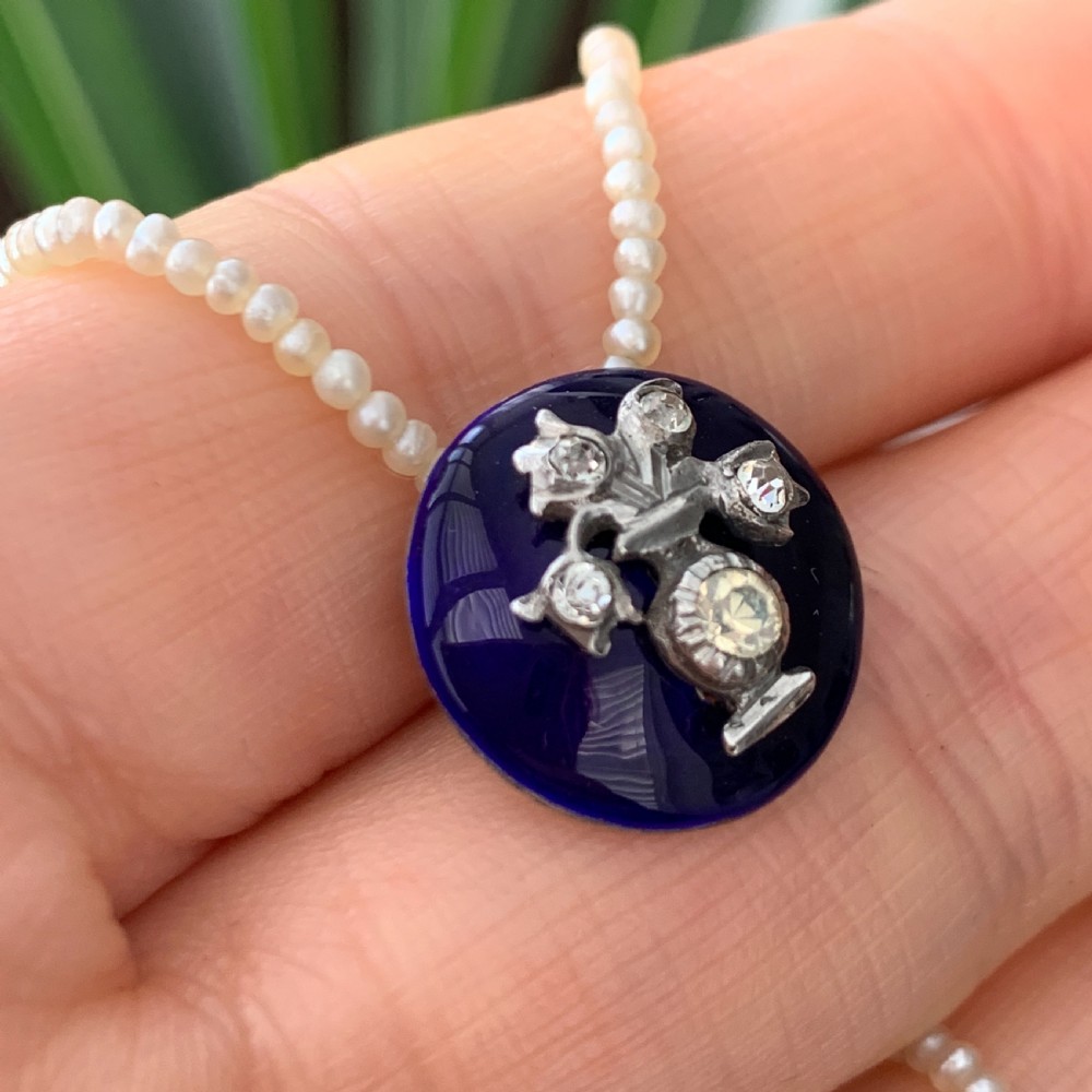RESERVED for K • Georgian Blue Enamel Paste Seed Pearl Necklace View X