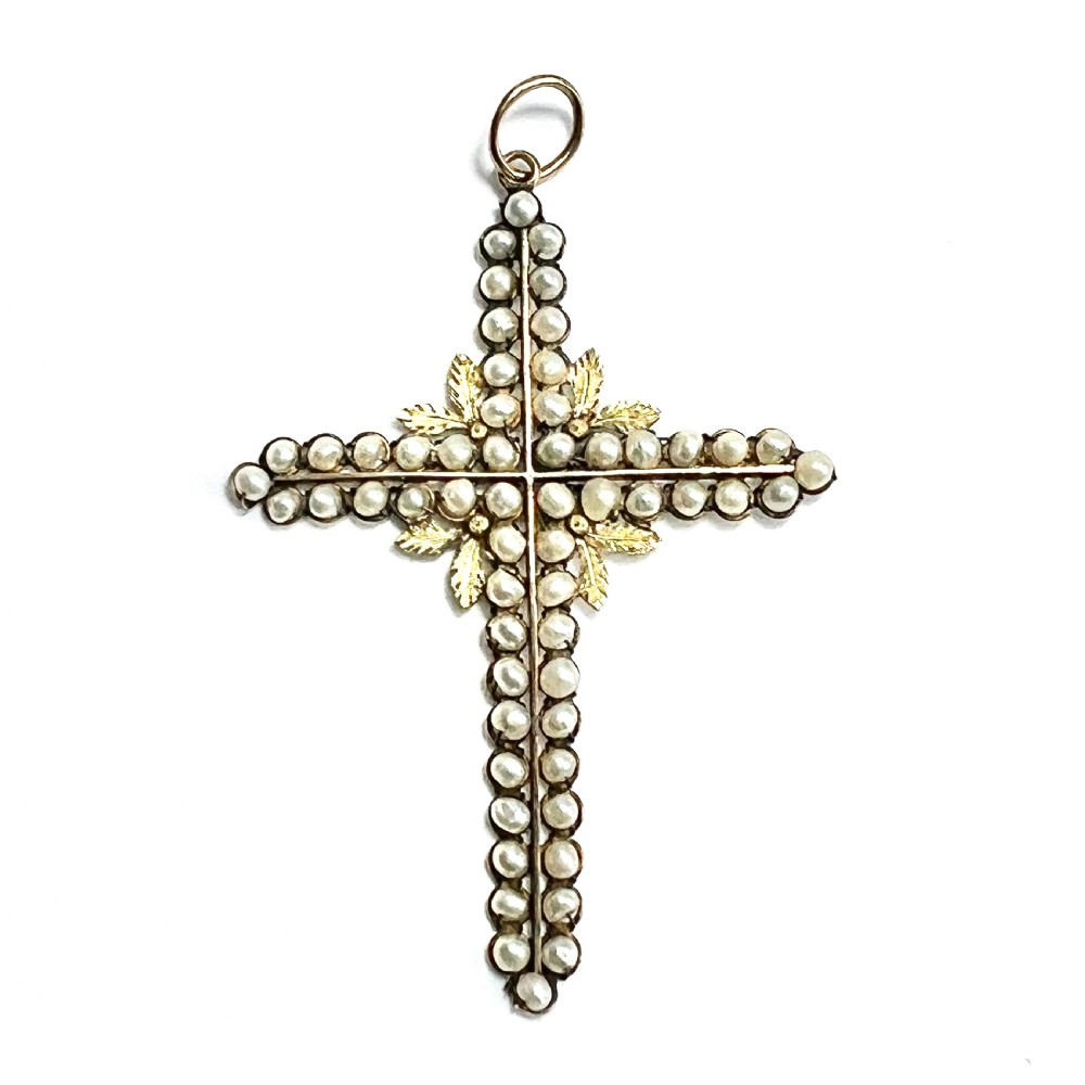 Large Antique 15CT Gold Pearl Cross Pendant