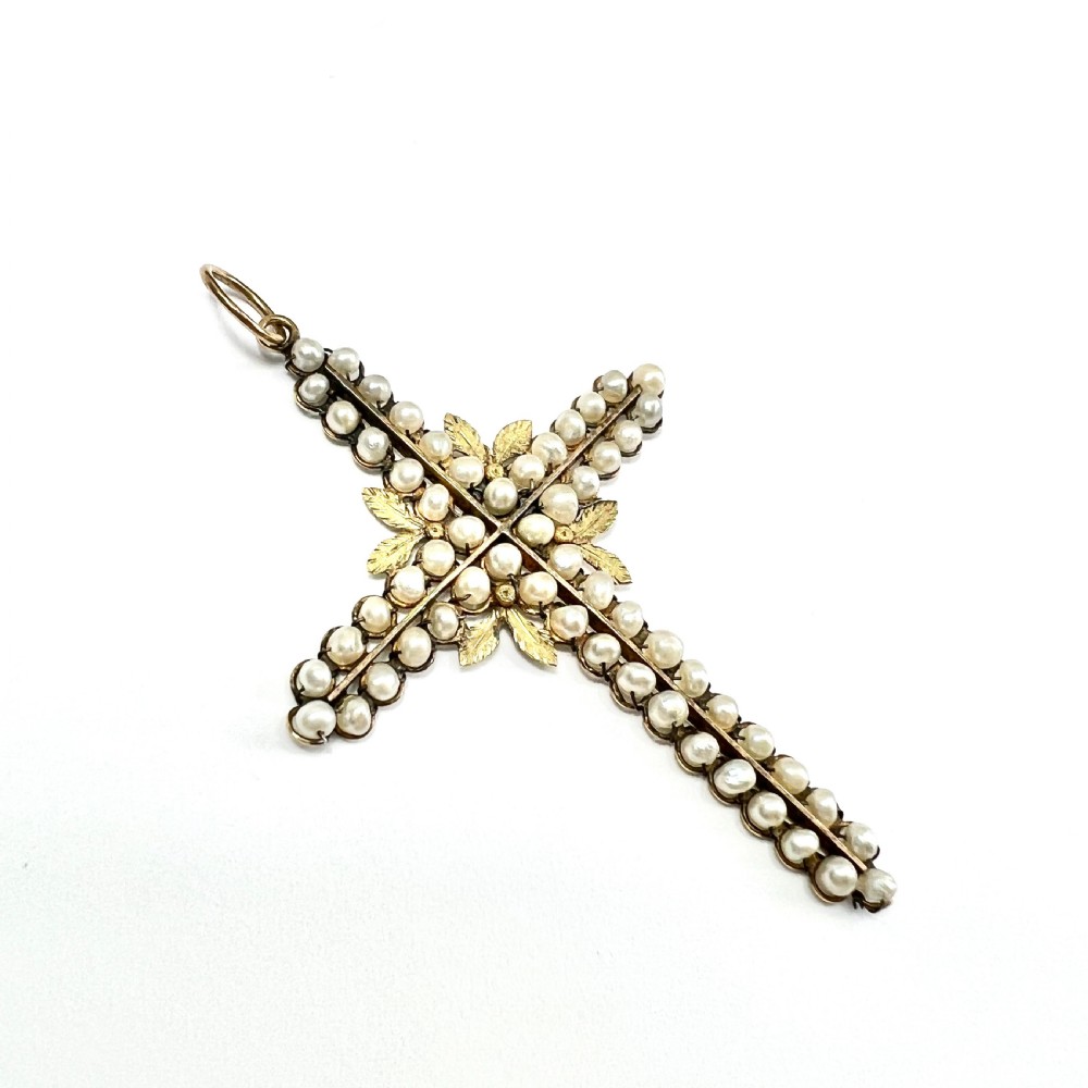 Large Antique 15CT Gold Pearl Cross Pendant View III