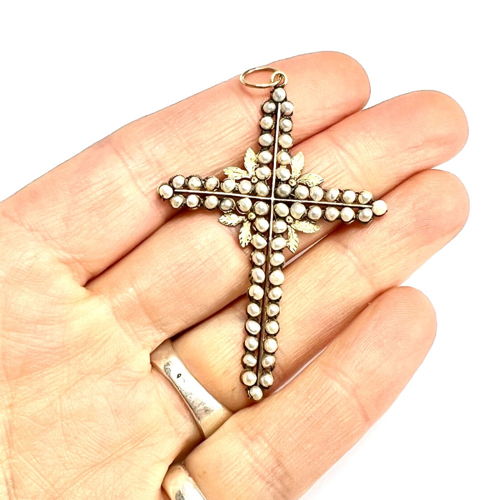 Large Antique 15CT Gold Pearl Cross Pendant View V