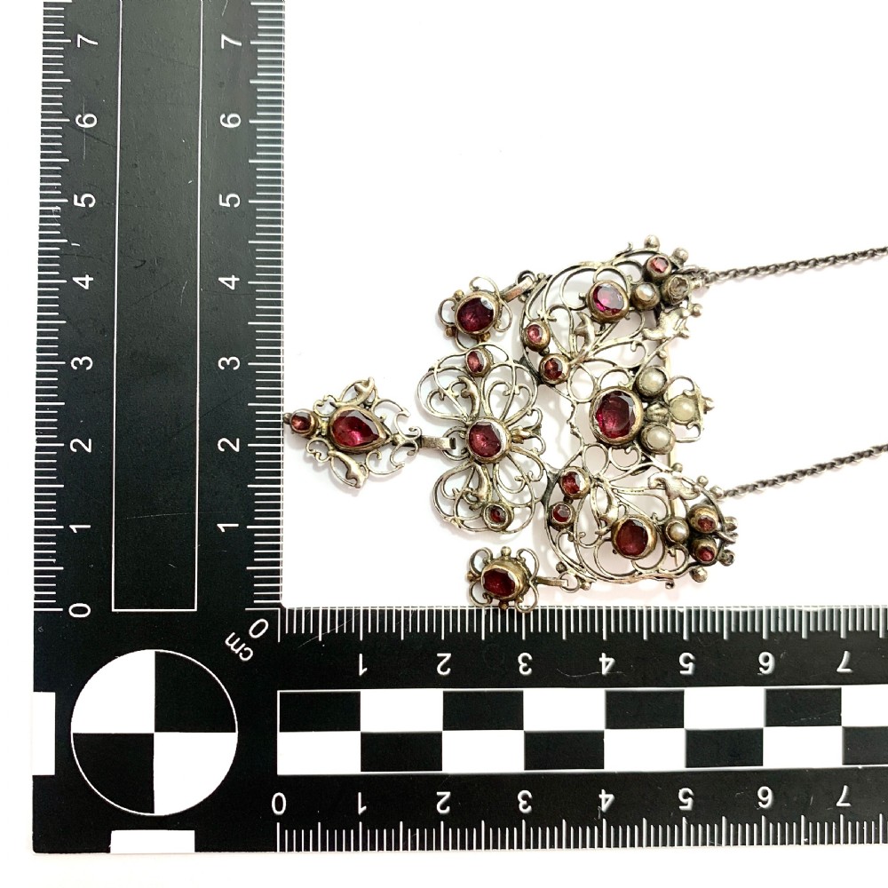 Georgian Garnet, Pearl and Silver Filigree Chain Necklace View II
