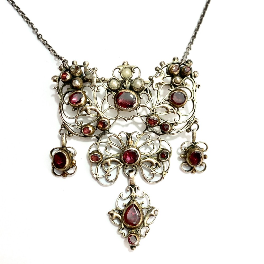 Georgian Garnet, Pearl and Silver Filigree Chain Necklace View V