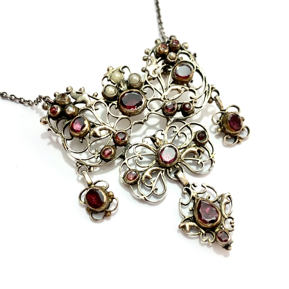 Georgian Garnet, Pearl and Silver Filigree Chain Necklace View VI