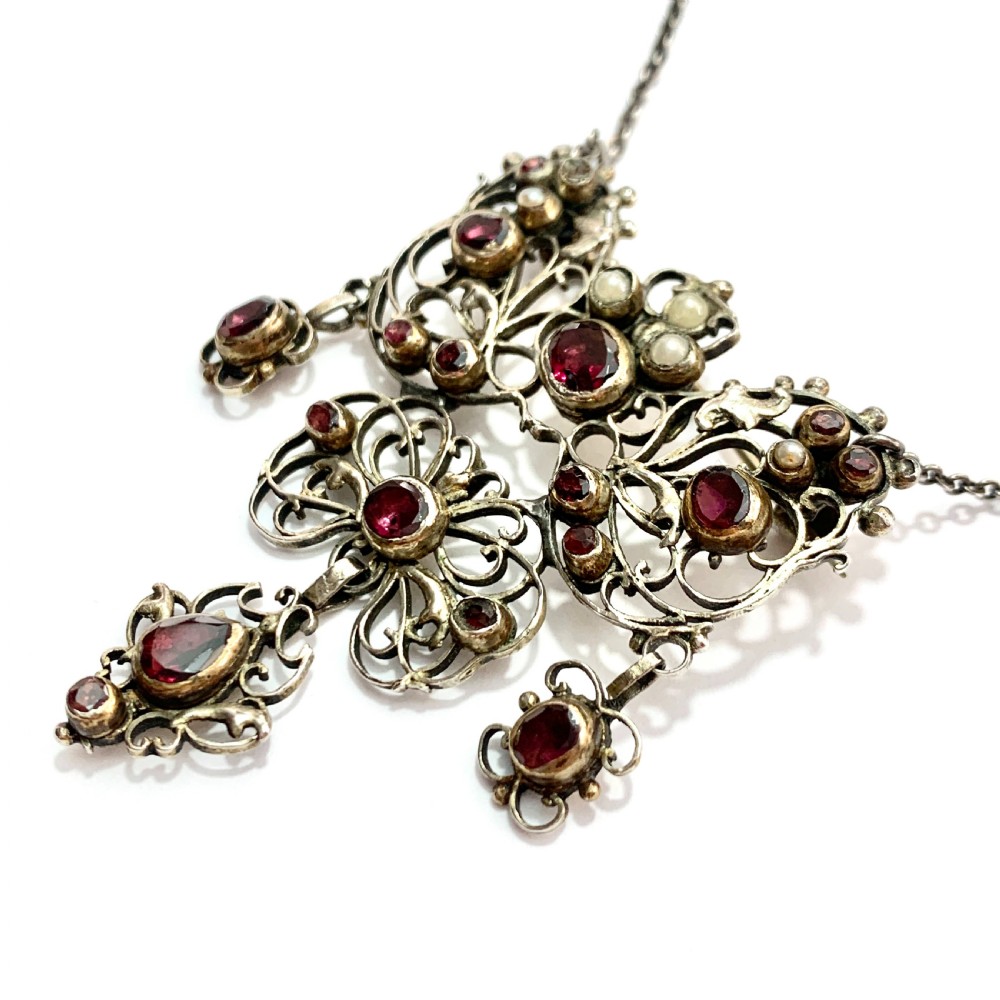 Georgian Garnet, Pearl and Silver Filigree Chain Necklace View VII