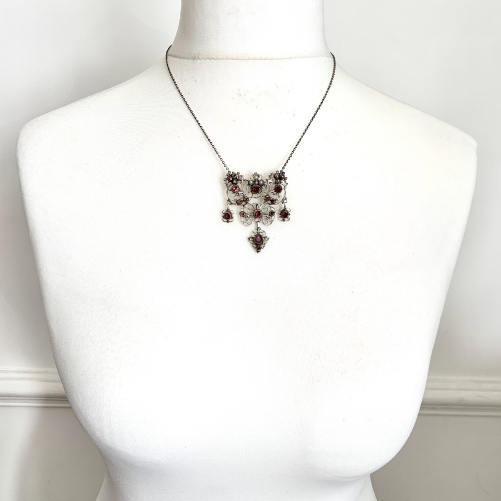 Georgian Garnet, Pearl and Silver Filigree Chain Necklace View VIII