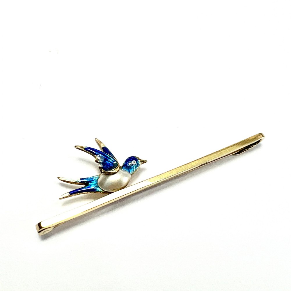 Edwardian 15CT Gold Pearl Enamelled Swallow Bird Bar Brooch