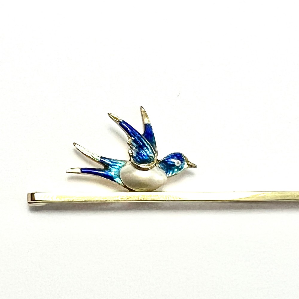 Edwardian 15CT Gold Pearl Enamelled Swallow Bird Bar Brooch View VII
