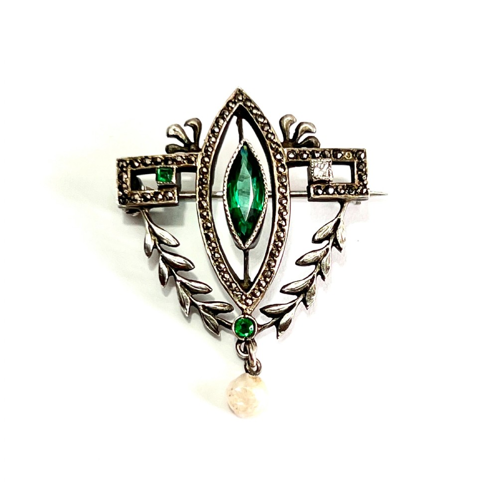 Victorian Belle Epoque Emerald Paste Pearl Brooch