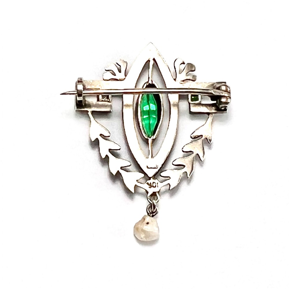 Victorian Belle Epoque Emerald Paste Pearl Brooch View II