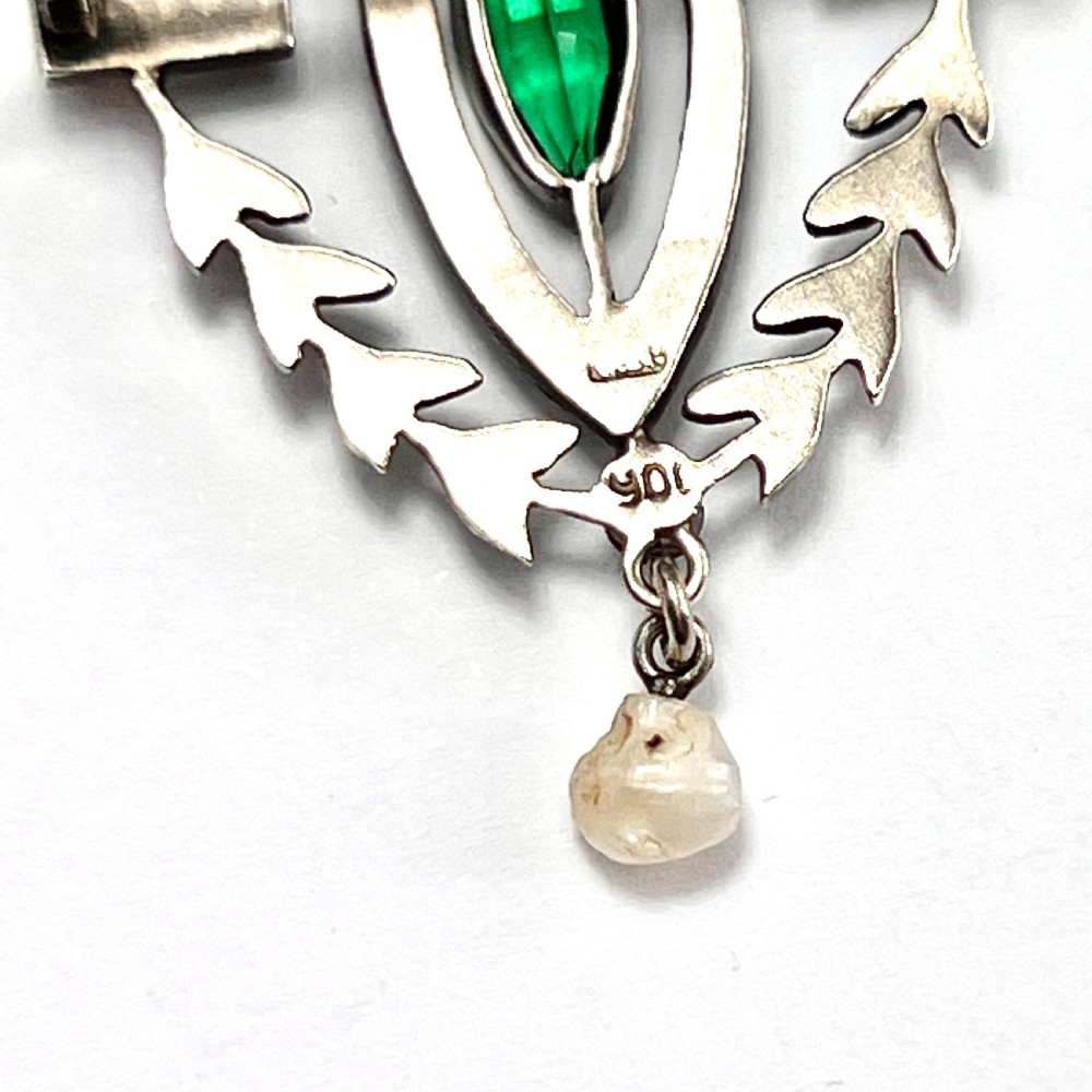 Victorian Belle Epoque Emerald Paste Pearl Brooch View III