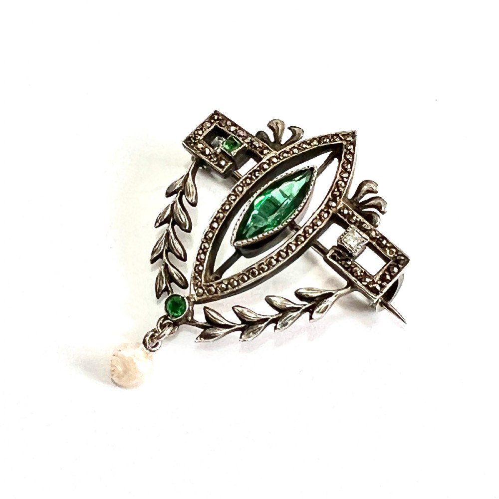 Victorian Belle Epoque Emerald Paste Pearl Brooch View V
