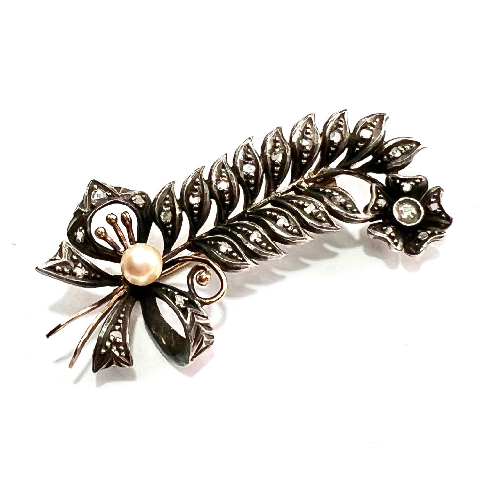 Antique Rose Cut Diamond, Pearl, Silver and Gold Brooch