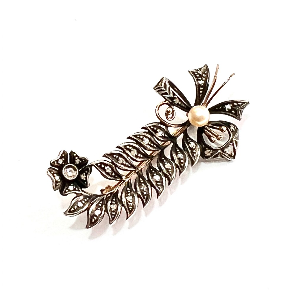 Antique Rose Cut Diamond, Pearl, Silver and Gold Brooch View II