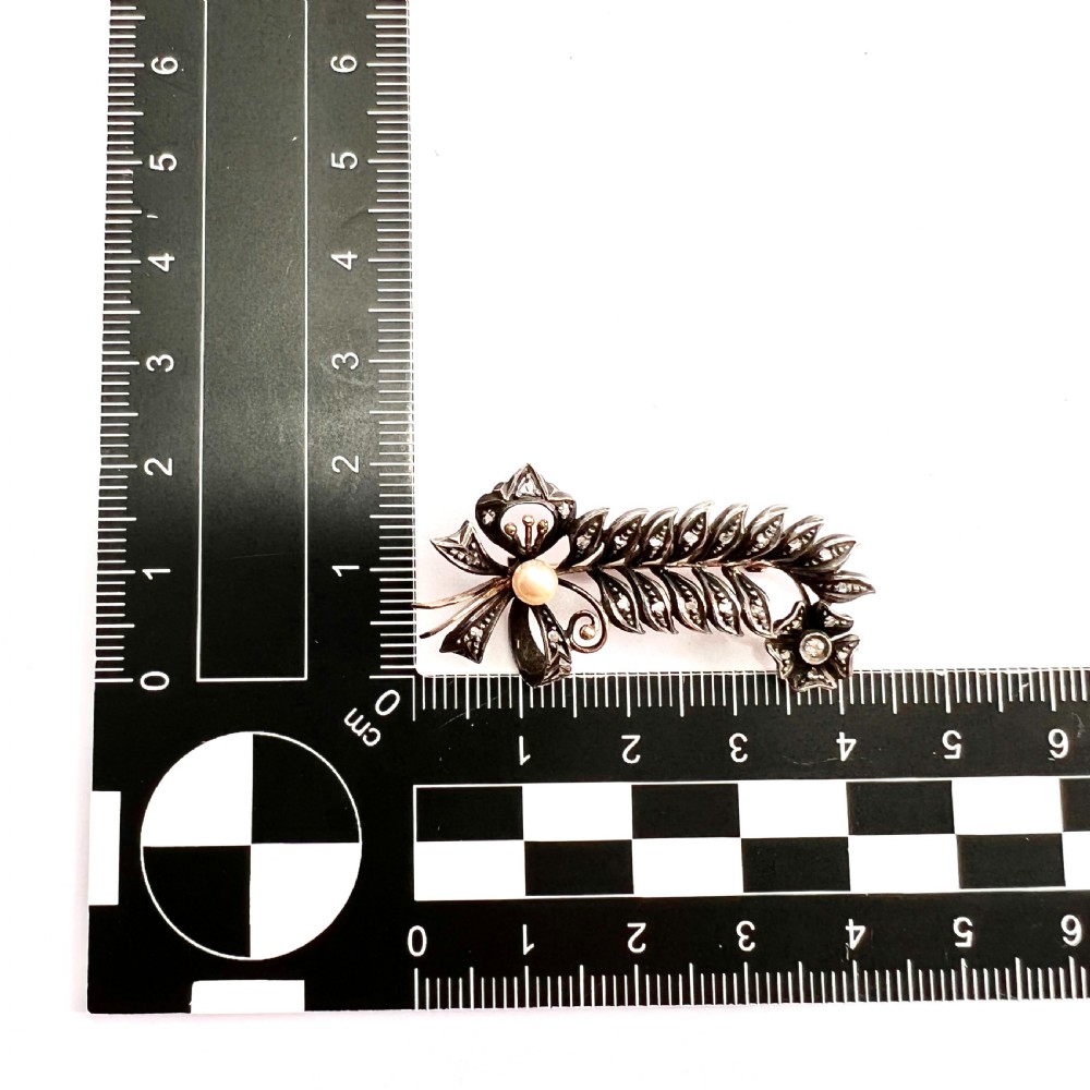 Antique Rose Cut Diamond, Pearl, Silver and Gold Brooch View V
