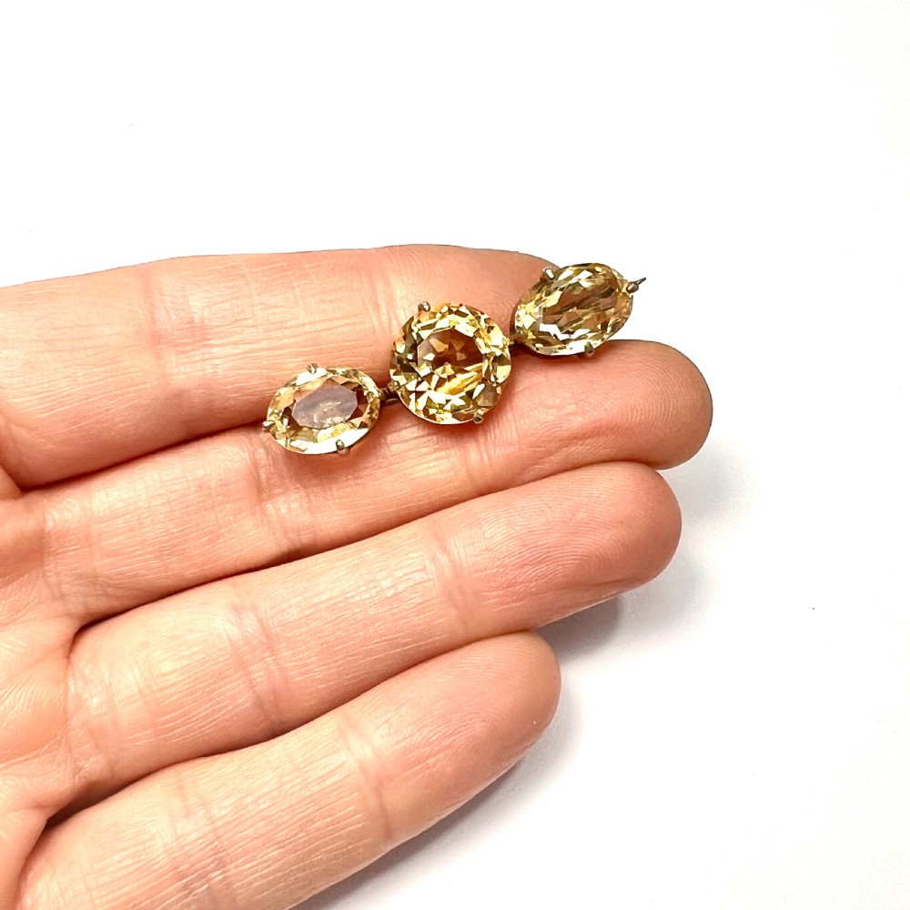 Victorian Three Stone Citrine Gilt Brooch  View V