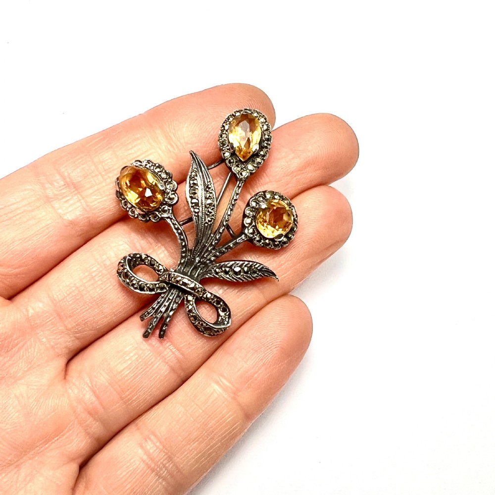 Art Deco Silver Citrine Marcasite Bouquet Brooch View III