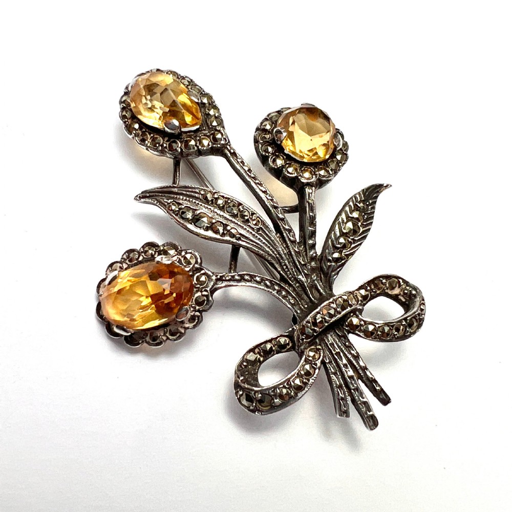 Art Deco Silver Citrine Marcasite Bouquet Brooch View IV
