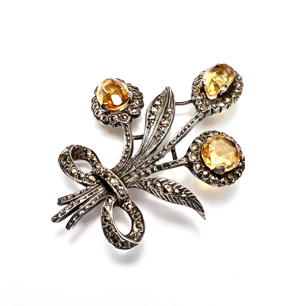 Art Deco Silver Citrine Marcasite Bouquet Brooch View V