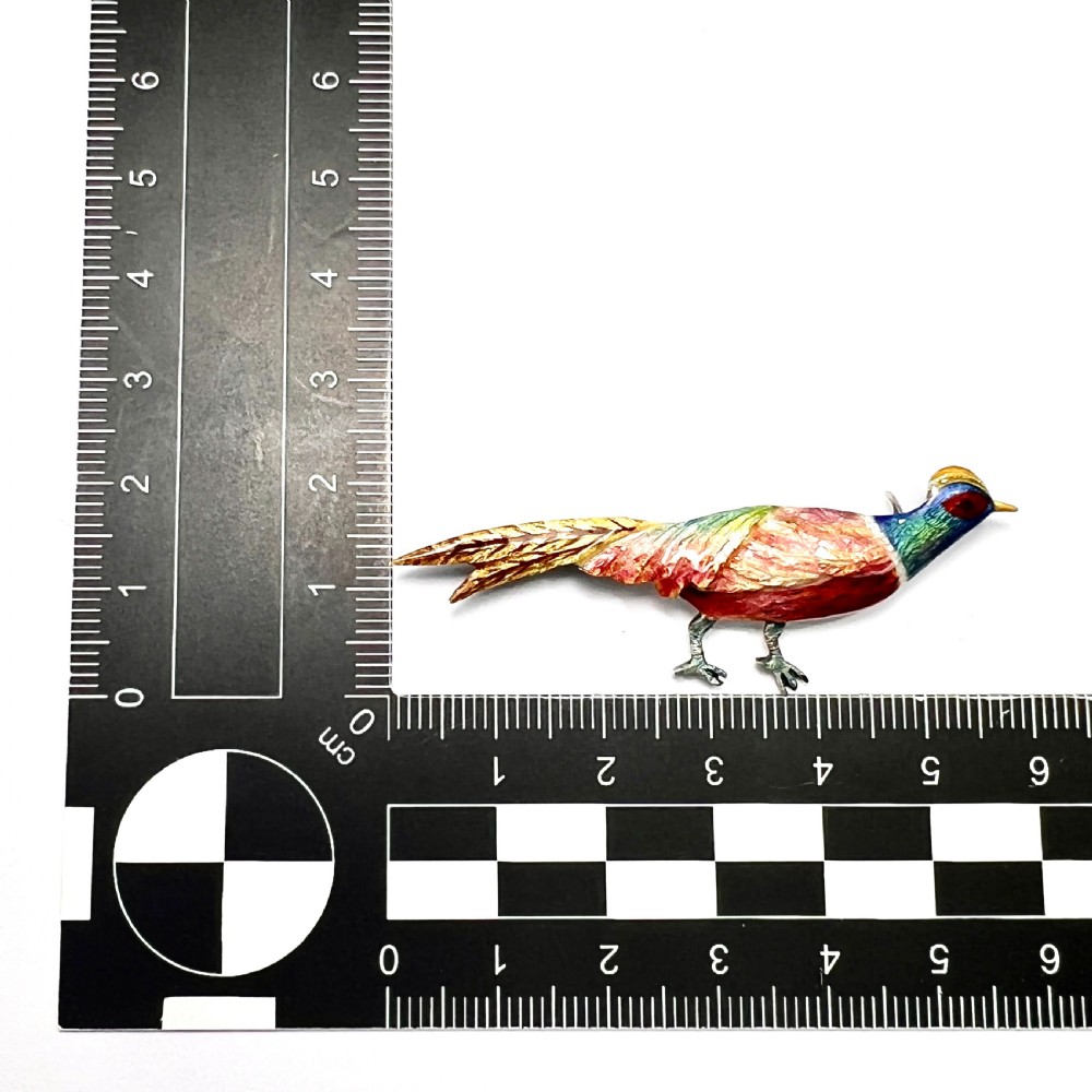 An Art Deco silver brooch shaped like a standing pheasant featuring red, green, blue, and gold enamel detailing. View III