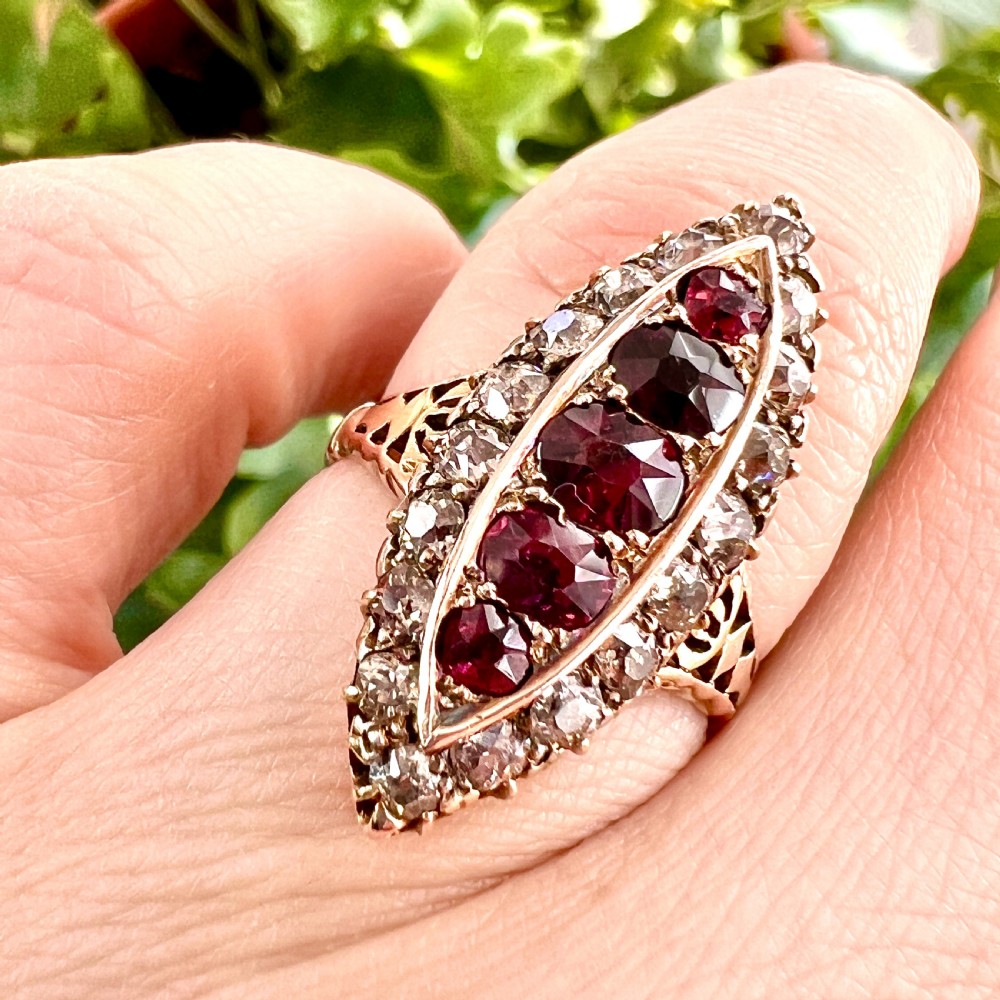 Victorian 18CT Gold Ruby and Diamond Marquise Ring in Antique Box View III