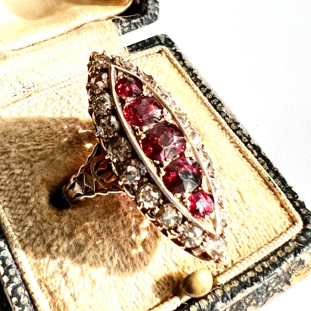 Victorian 18CT Gold Ruby and Diamond Marquise Ring in Antique Box View IV