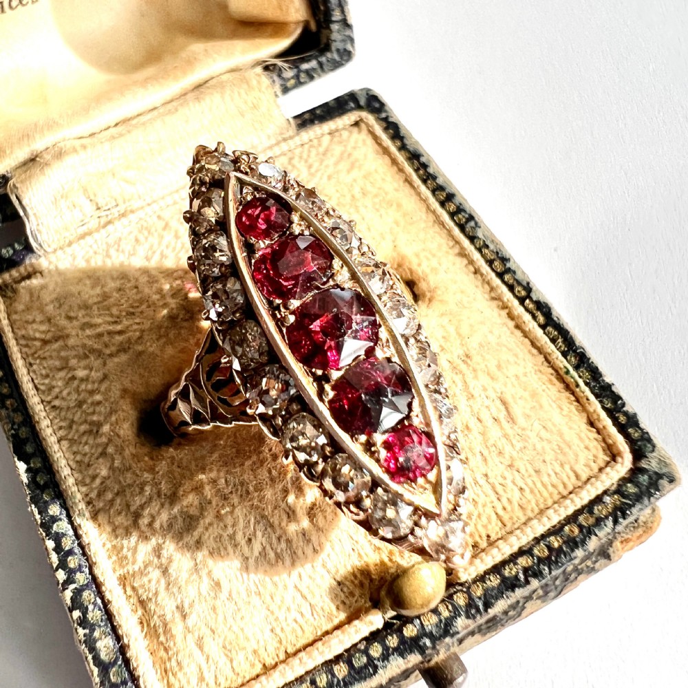 Victorian 18CT Gold Ruby and Diamond Marquise Ring in Antique Box View V