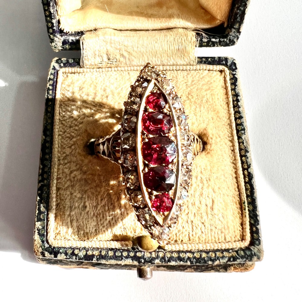 Victorian 18CT Gold Ruby and Diamond Marquise Ring in Antique Box View VI