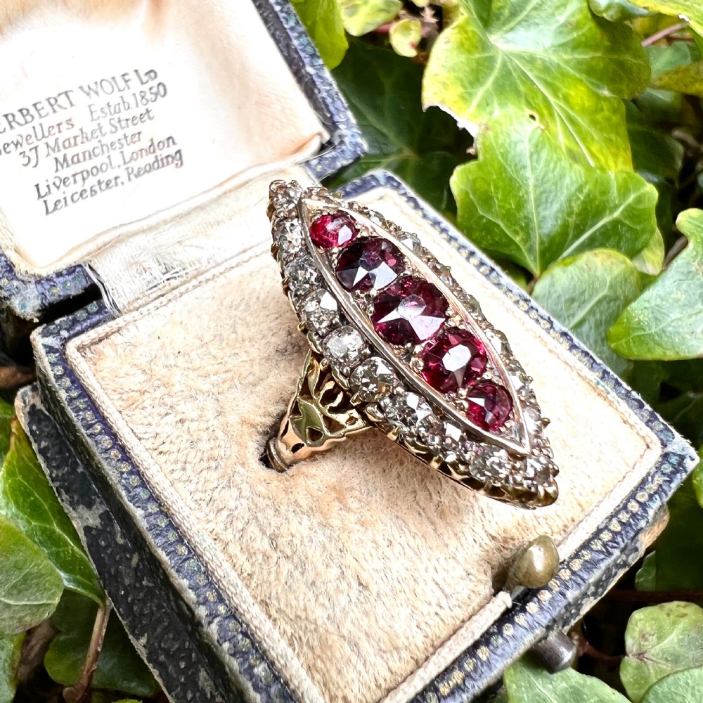 Victorian 18CT Gold Ruby and Diamond Marquise Ring in Antique Box View VII