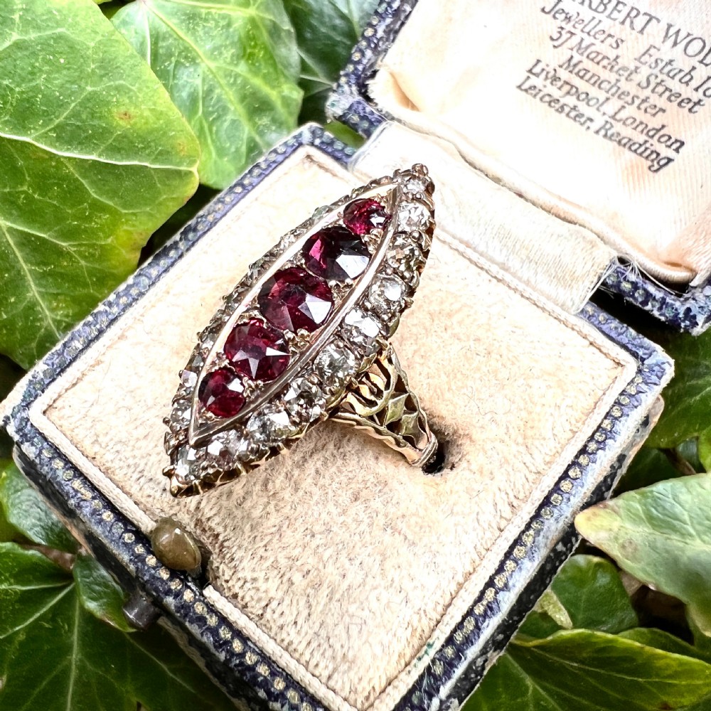 Victorian 18CT Gold Ruby and Diamond Marquise Ring in Antique Box View VIII