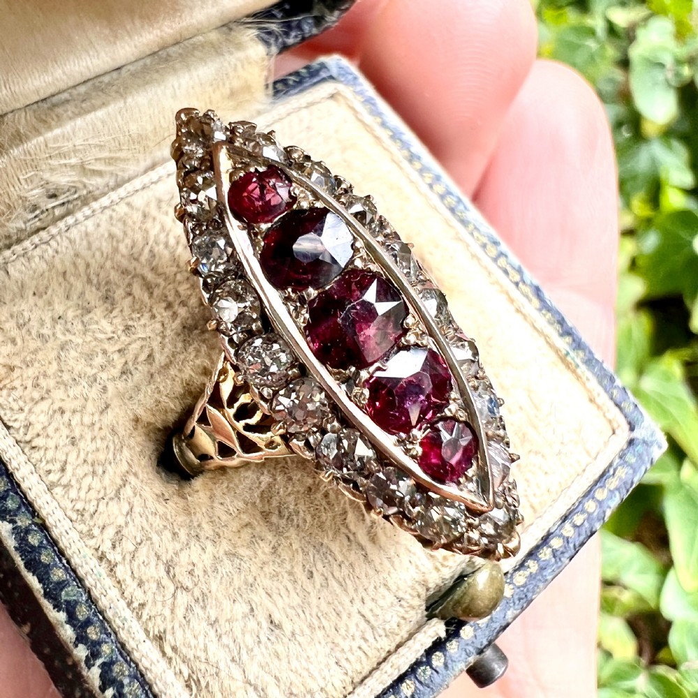 Victorian 18CT Gold Ruby and Diamond Marquise Ring in Antique Box View IX