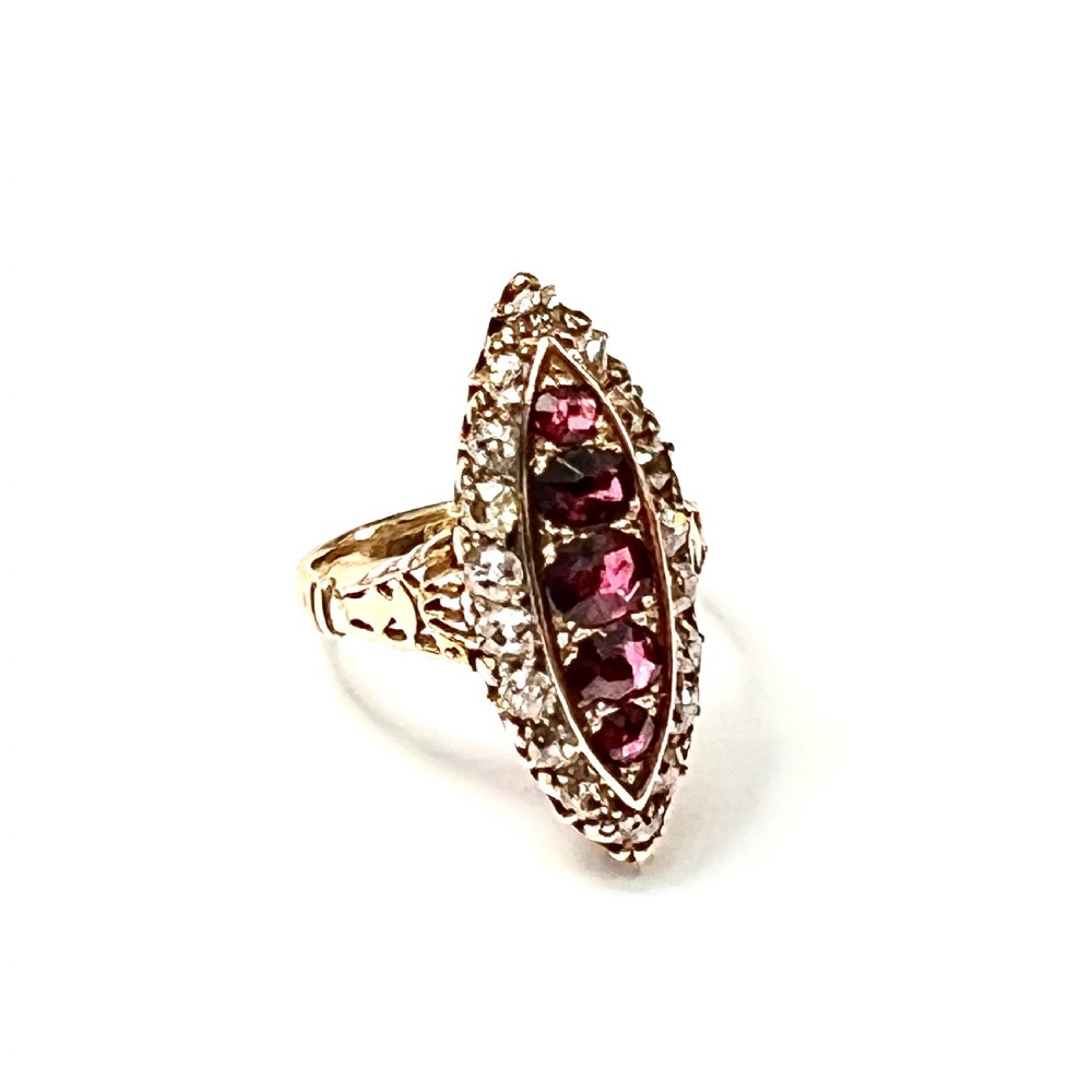Victorian 18CT Gold Ruby and Diamond Marquise Ring in Antique Box View X