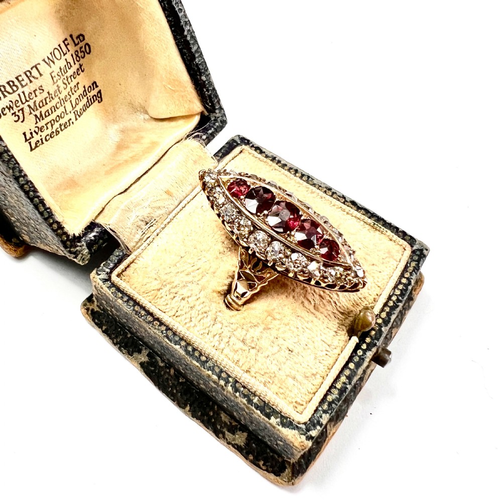 Victorian 18CT Gold Ruby and Diamond Marquise Ring in Antique Box View XII