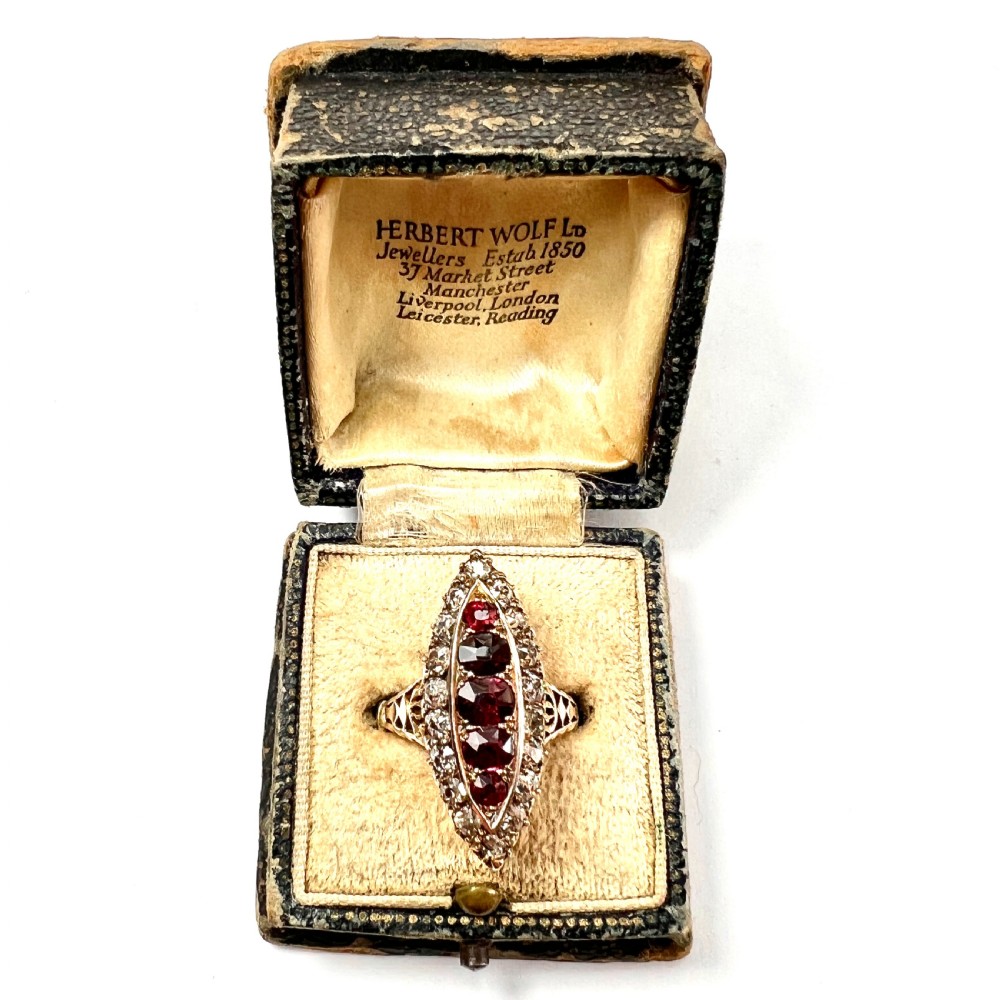 Victorian 18CT Gold Ruby and Diamond Marquise Ring in Antique Box View XIII