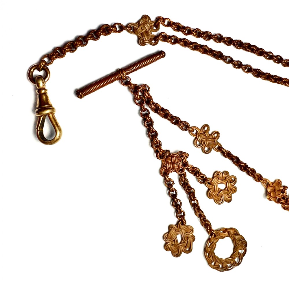 Rare Antique Straw Work Pocket Watch Chain with Dog Clip View VI