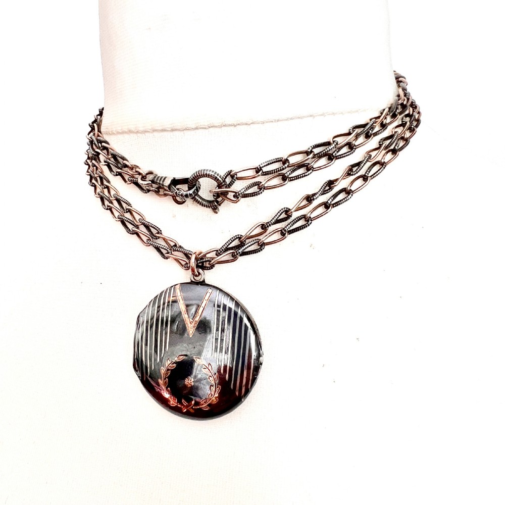 Very Long Victorian Silver Rose Gold Niello Locket Necklace