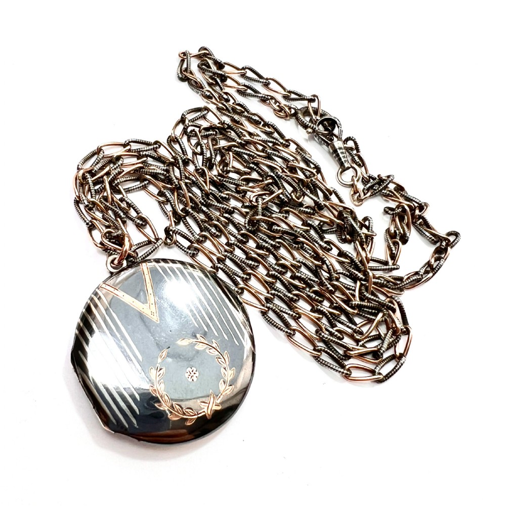 Very Long Victorian Silver Rose Gold Niello Locket Necklace View II
