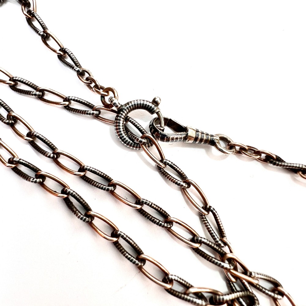 Very Long Victorian Silver Rose Gold Niello Locket Necklace View III