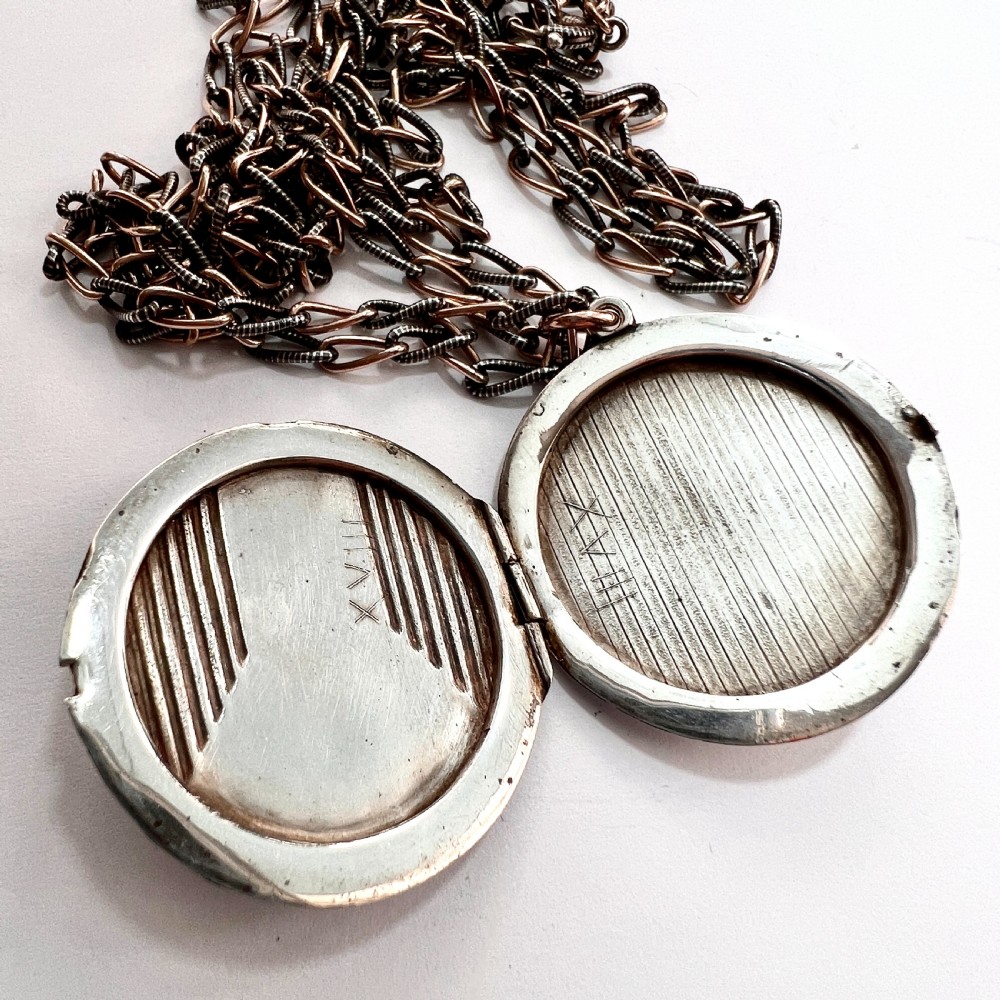 Very Long Victorian Silver Rose Gold Niello Locket Necklace View IV