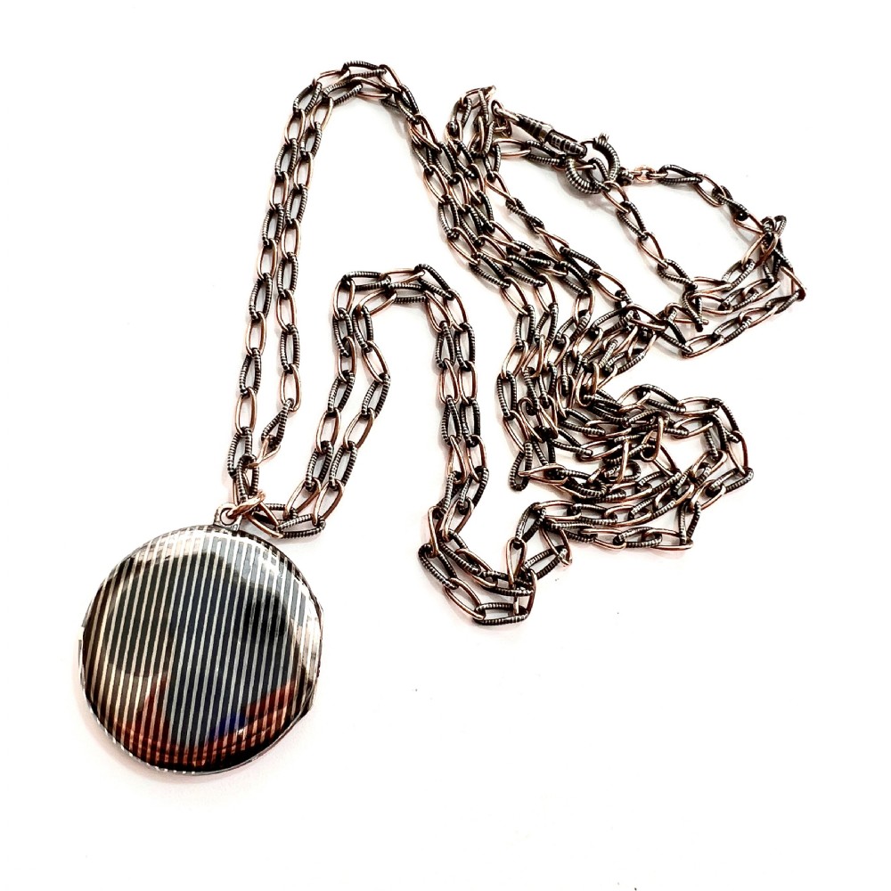 Very Long Victorian Silver Rose Gold Niello Locket Necklace View V