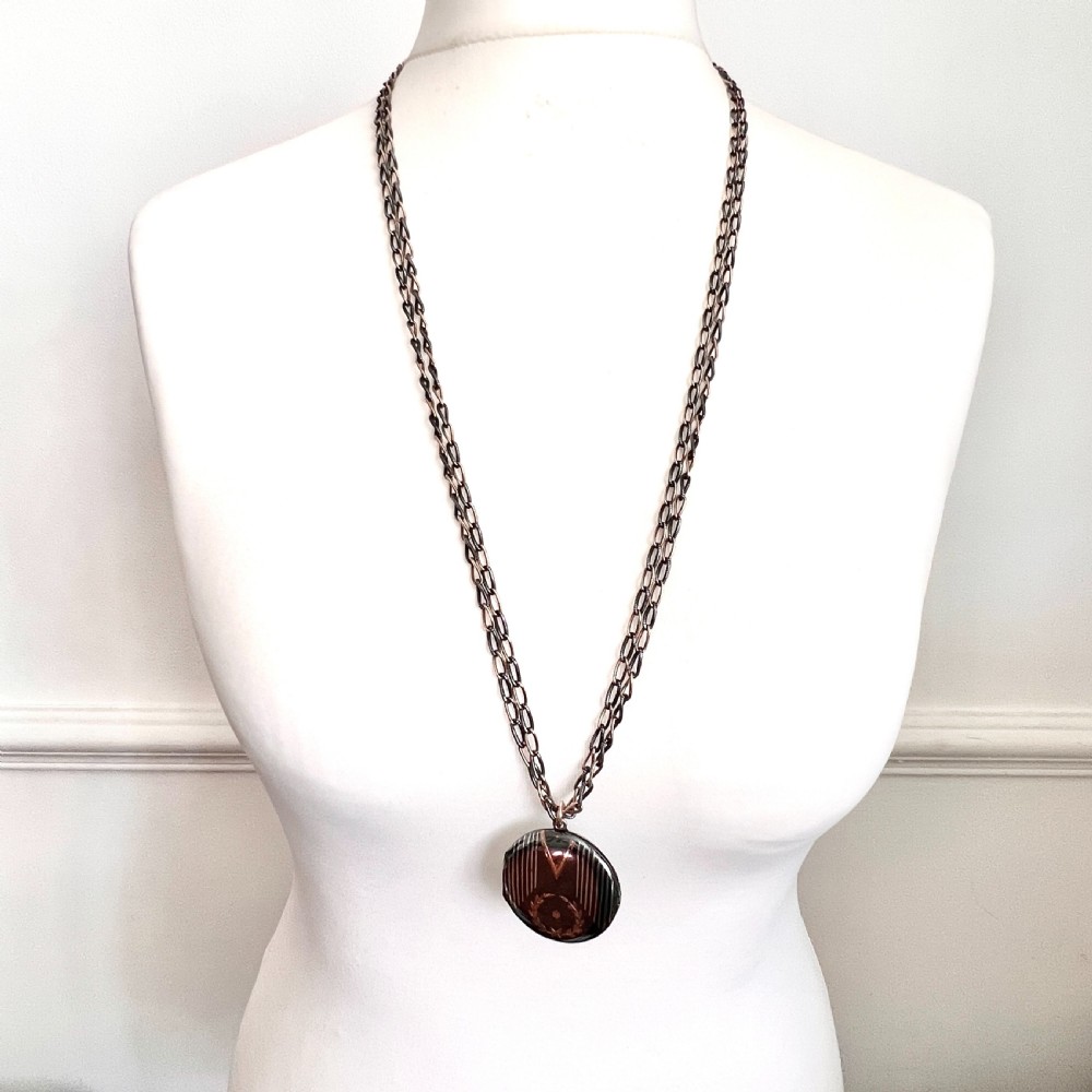Very Long Victorian Silver Rose Gold Niello Locket Necklace View VI