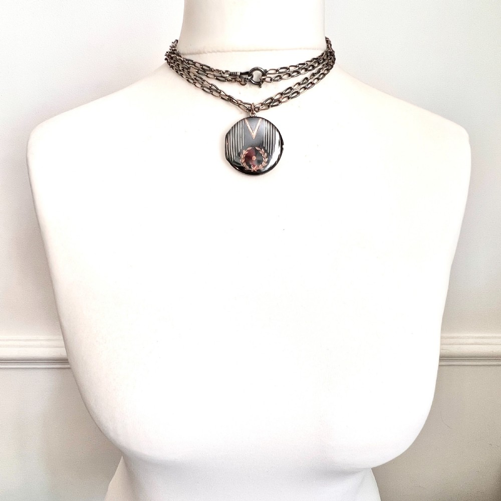 Very Long Victorian Silver Rose Gold Niello Locket Necklace View VII