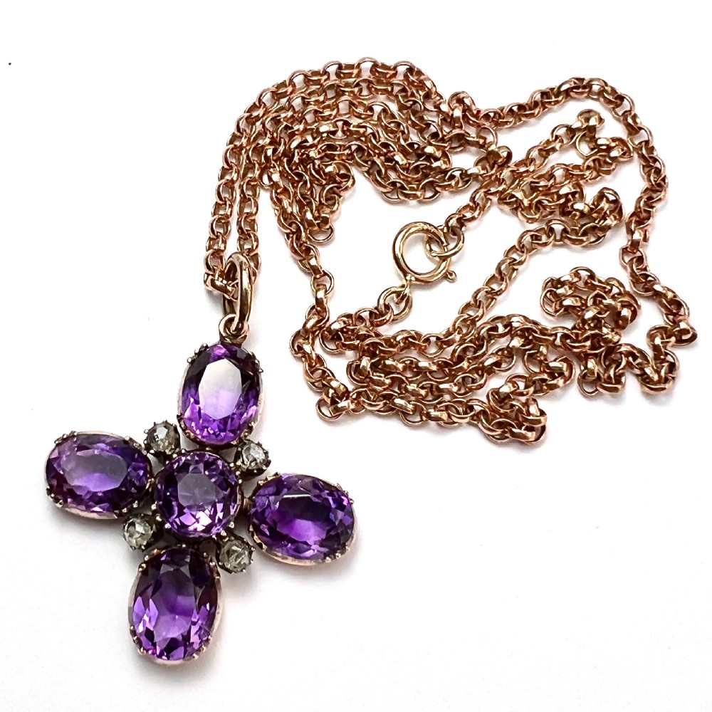 Victorian Amethyst and Diamond Square Cross Pendant on 9CT Gold Chain Necklace