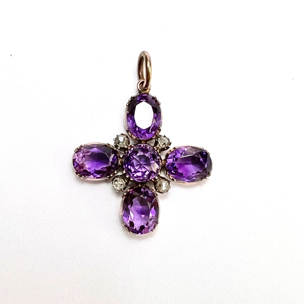 Victorian Amethyst and Diamond Square Cross Pendant on 9CT Gold Chain Necklace View III